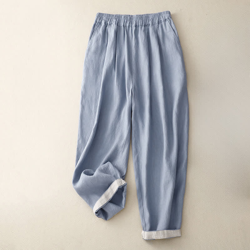 Buddha Stones Summer Plain Elastic Waist Two-tone Cuffs Cropped Women's Tapered Pants With Pockets