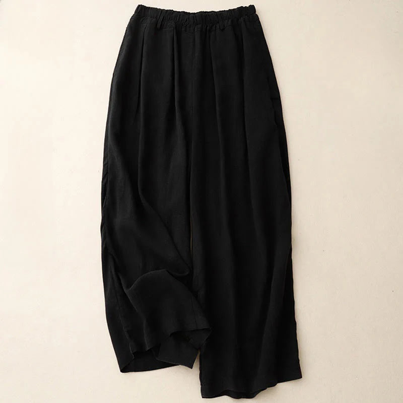 Buddha Stones Commute Vintage Solid Color Women's Wide Leg Cotton Pants With Pockets