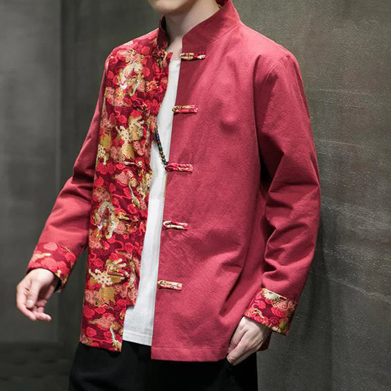 Buddha Stones Printed Color Contrast Dragon Pattern Frog-button Long Sleeve Men's Cotton Jacket
