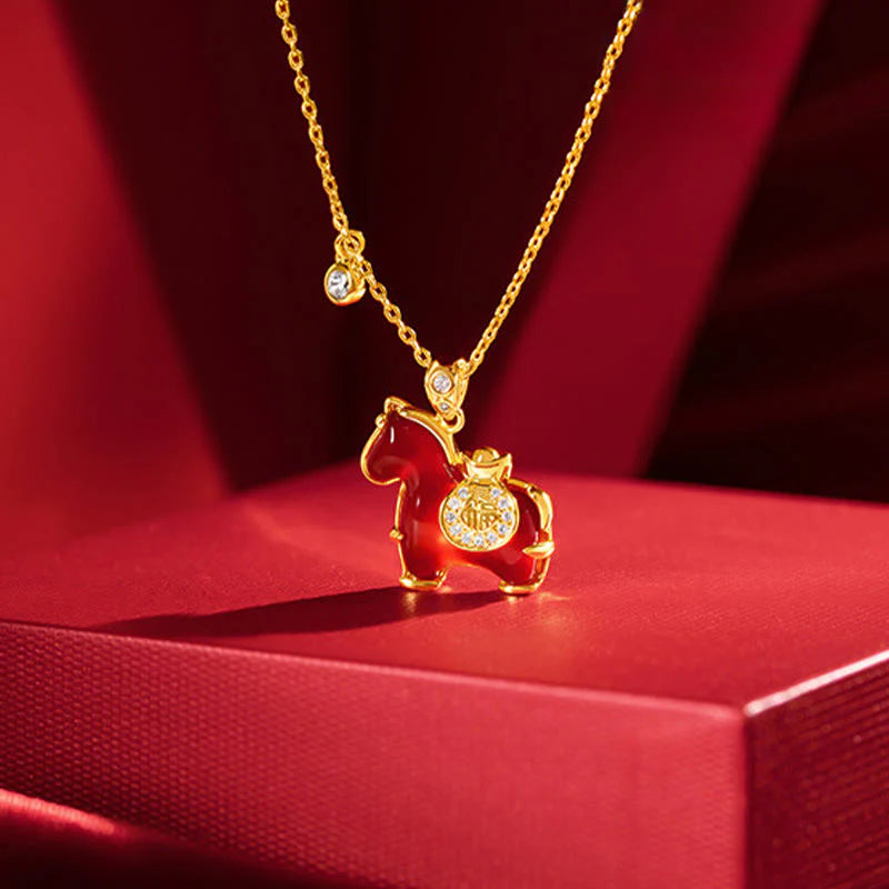 Buddha Stones Year Of The Horse Red Agate Fu Character Confidence Necklace Pendants