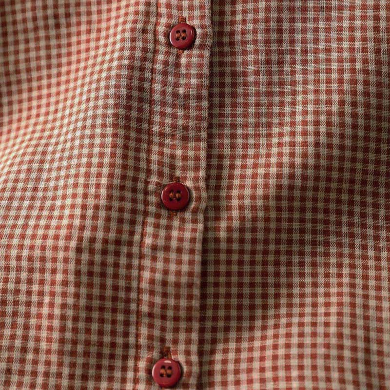 Buddha Stones Fall Tiny Plaid Button Down Ruffle Collar Long Sleeve Women's Cotton Shirt