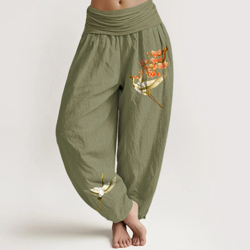 Buddha Stones Plain Crane Peach Blossom Pattern Women's Elastic Waist Harem Pure Cotton Pants