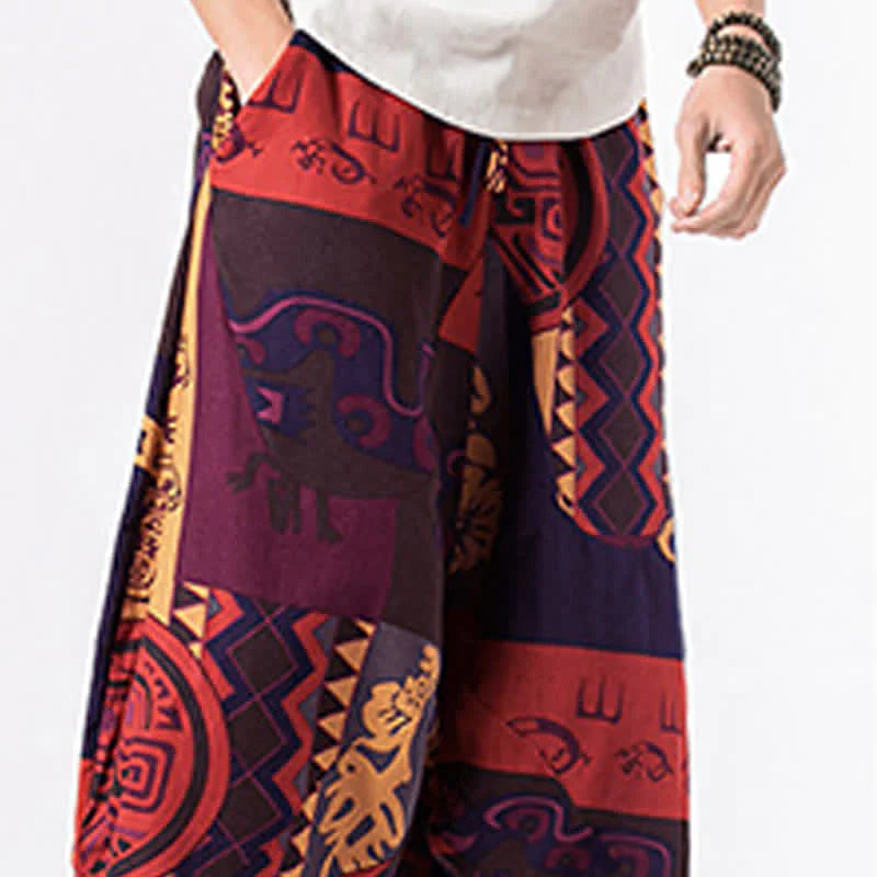Buddha Stones Ethnic Printing Floral Geometric Pattern Men's Harem 7-8 Length Pants With Pockets