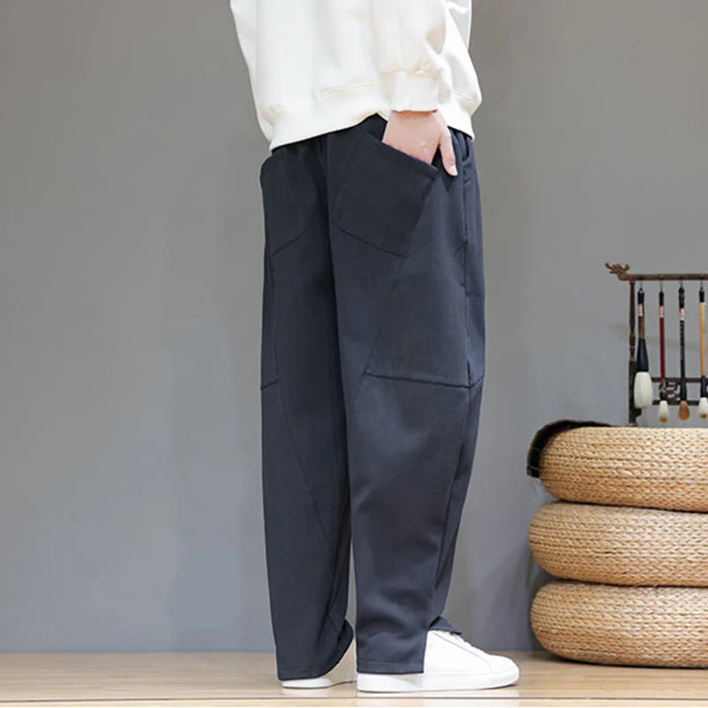 Buddha Stones Winter Solid Color Fleece-lined Men's Cotton Linen Pants With Pockets