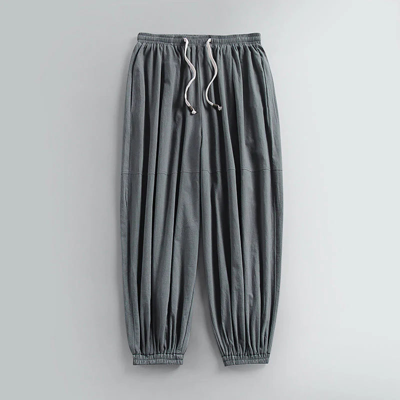 Buddha Stones Plain Drawstring Tapered Ankle-Length Men's Cotton Linen Pants With Pockets