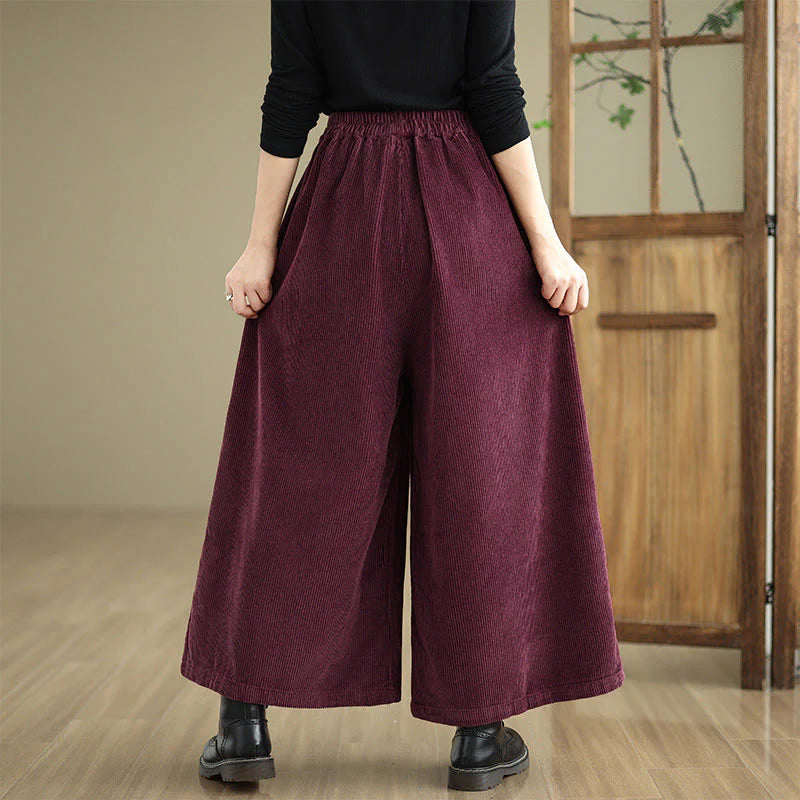 Buddha Stones Women's Pure Color Drawstring Design Wide Leg Corduroy Pants With Pockets