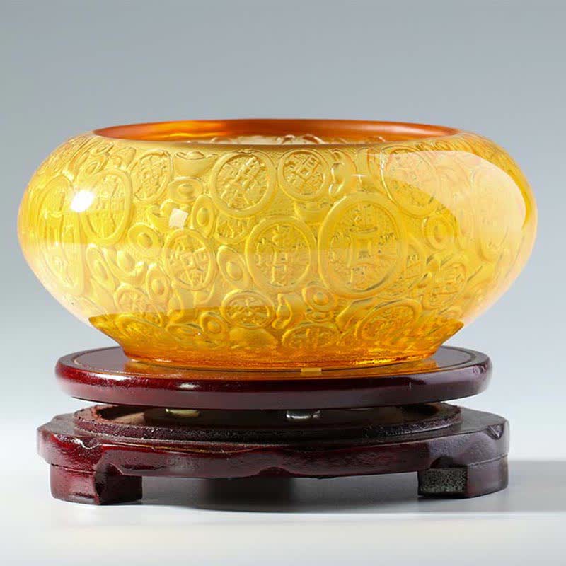 Buddha Stones Handmade Liuli Crystal Treasure Bowl Ingots Art Piece Home Decoration