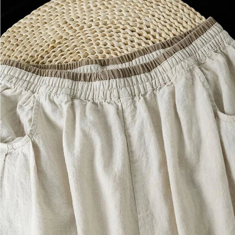 Buddha Stones Vintage Solid Color Embroidery Cotton Linen Women's 7-8 Length Harem Pants With Pockets