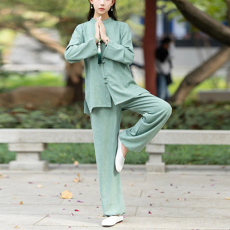 Buddha Stones 2Pcs Chinese Frog-Button Long Sleeve Shirt Top Pants Meditation Zen Tai Chi Cotton Clothing Women's Set