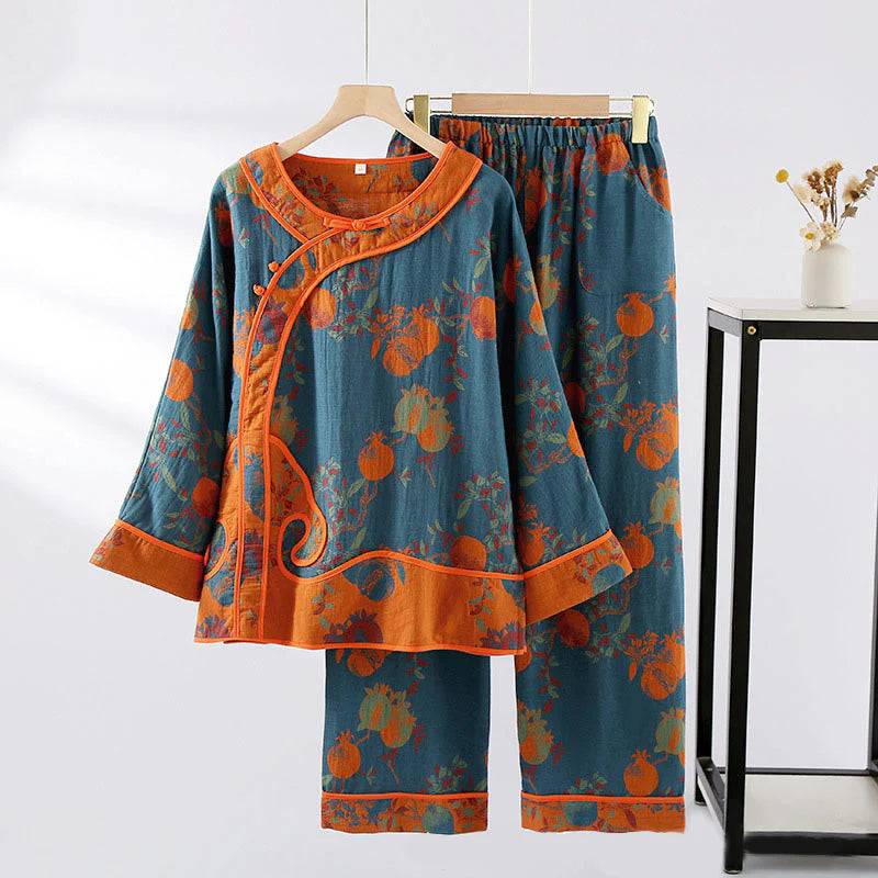 Buddha Stones 2pcs Patchwork Long Sleeve Frog-Button Shirt Pants With Pockets Pure Cotton Set