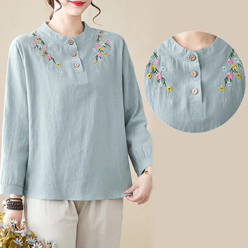 Buddha Stones Women's Spring Embroidered Flower Pattern Stand Collar Long Sleeve Cotton Shirt