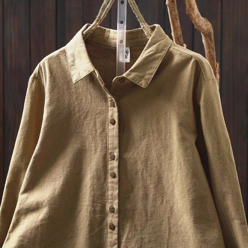 Buddha Stones Fall Solid Color Button Down Stand Collar Long Sleeve Women's Cotton Shirt