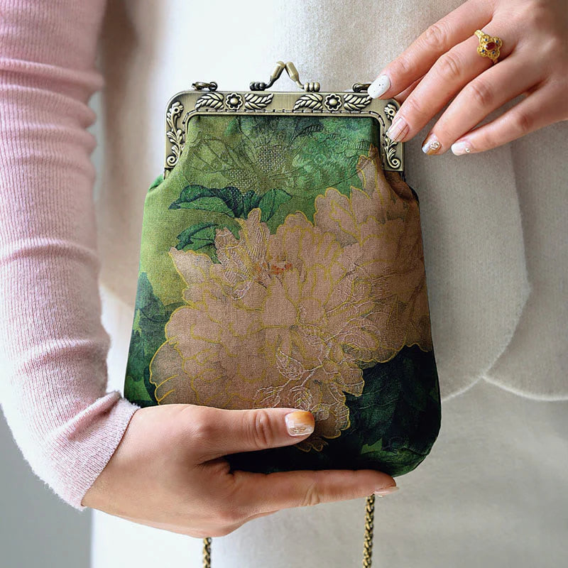 Buddha Stones Small Green Peony Butterfly Metal Chain Crossbody Bag Shoulder Bag Cellphone Bag