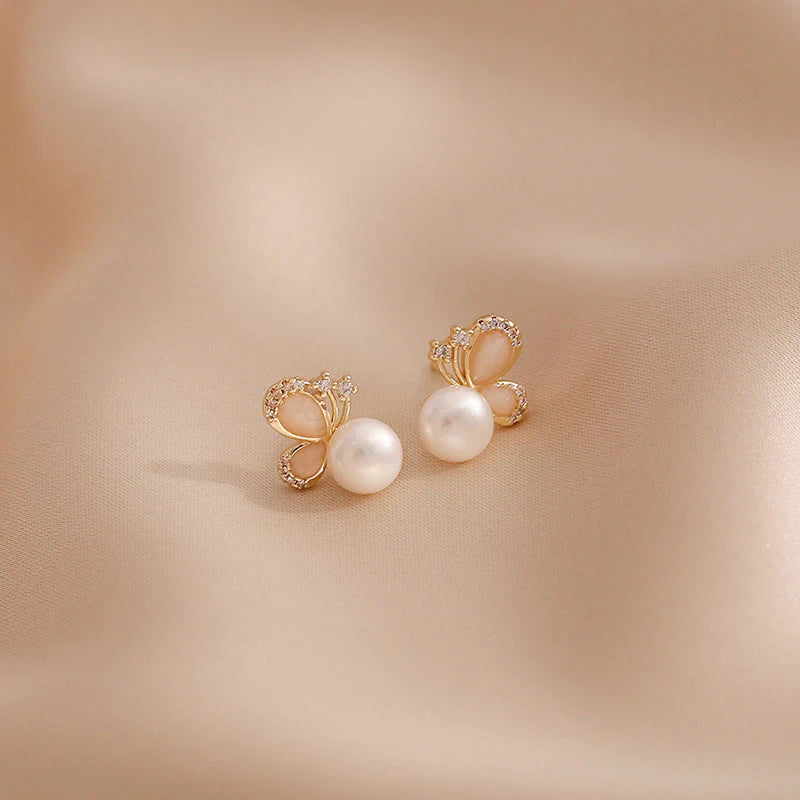 Buddha Stones 18k Gold Plated Pearl Butterfly Love Freedom Stud Earrings