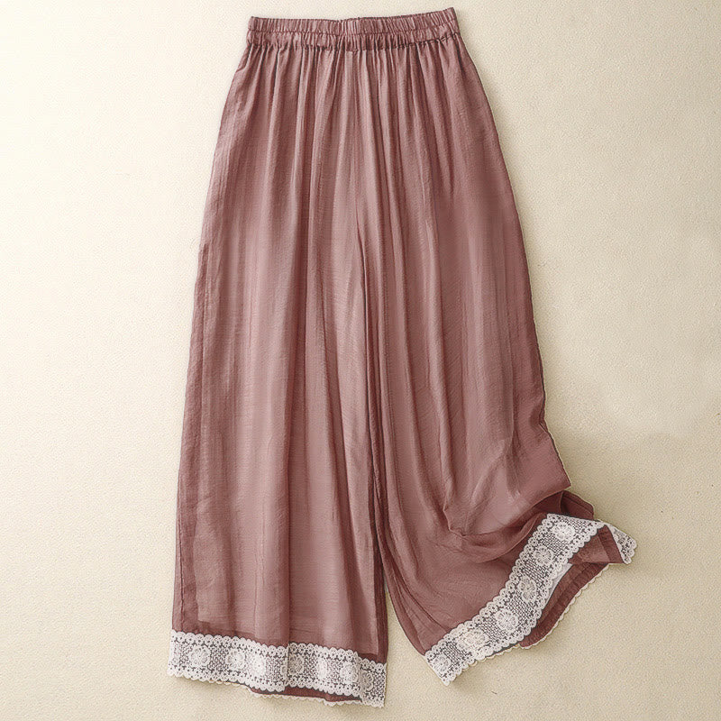 Buddha Stones Spring Vintage Casual Solid Color Lace Patchwork Cuff Women's Cotton Linen Wide Leg Pants With Pockets