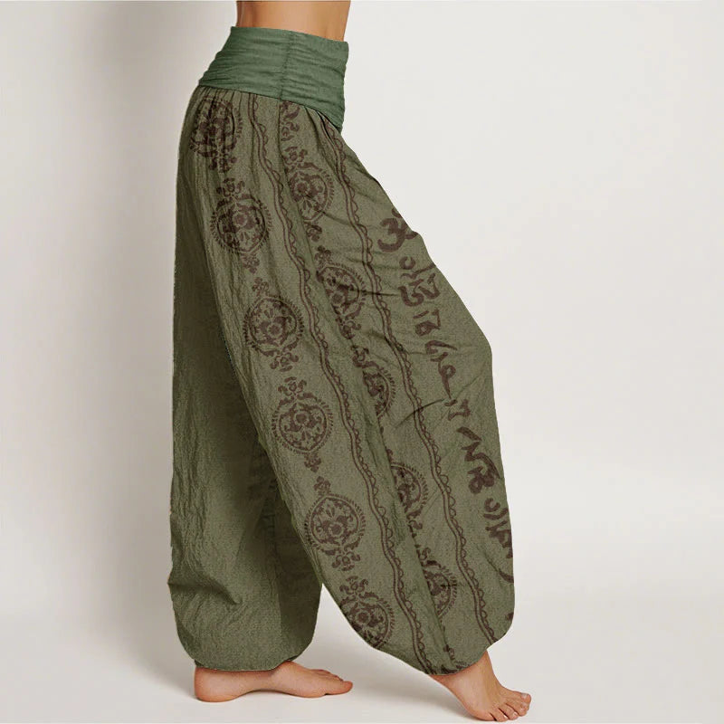 Buddha Stones Cotton Mandala Om Mani Padme Hum Women's Elastic Waist Harem Pants