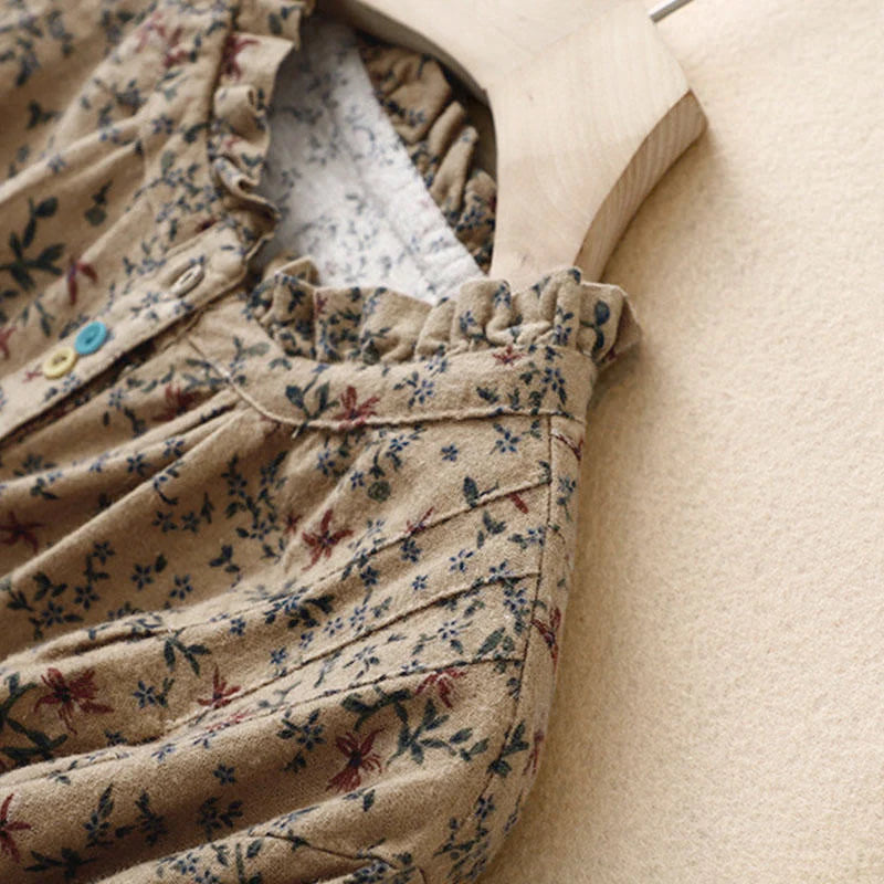 Buddha Stones Fall Floral Print Buttons Down Design Women's Cotton Long Sleeve Shirt