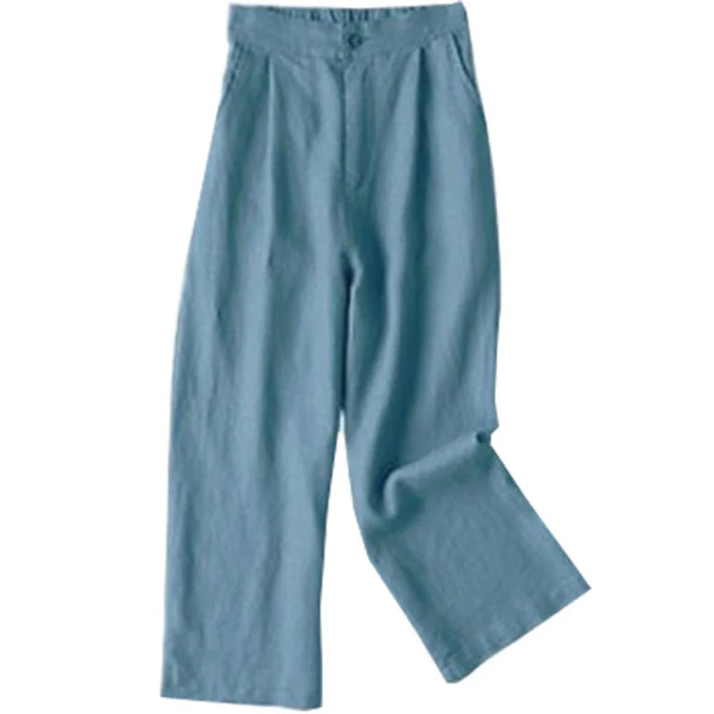 Buddha Stones Commute Solid Color 7-8 Length Cotton Linen Women's Wide Leg Pants With Pockets