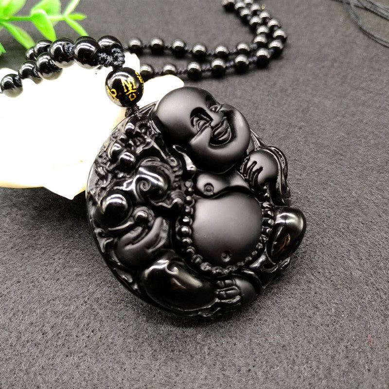 Buddha Stones Laughing Buddha Pattern Black Obsidian Glass Fulfilment Necklace Pendant