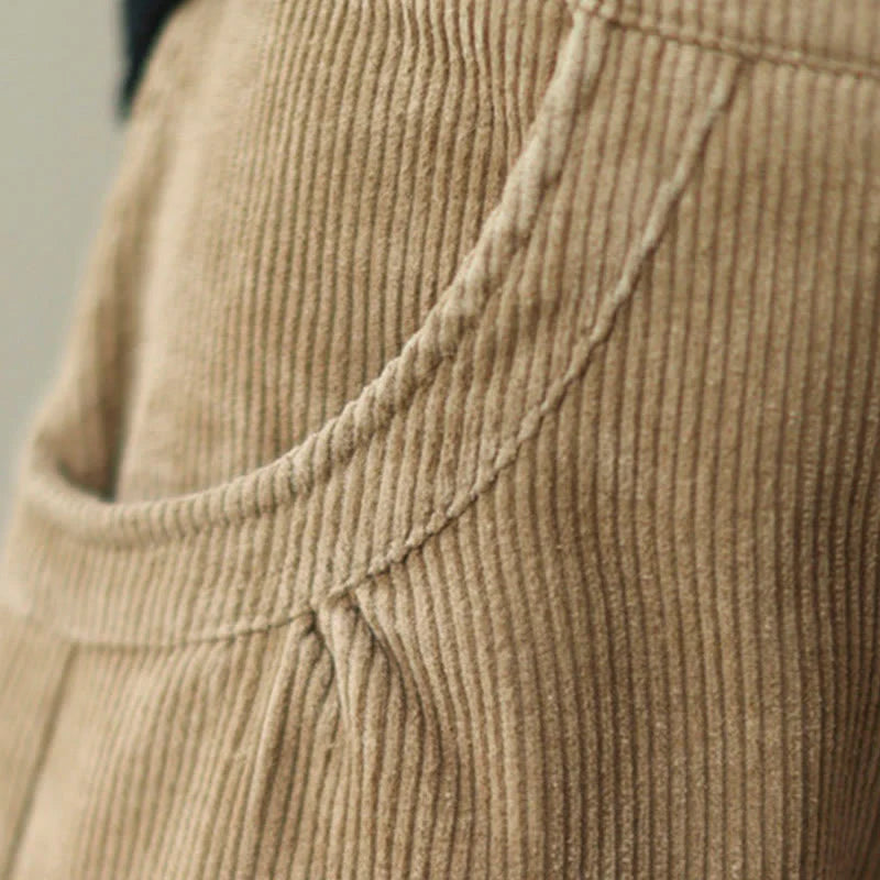 Buddha Stones Casual Buttons Leg Opening Design Women's Cotton Corduroy Pants With Pockets