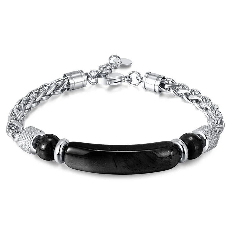 Buddha Stones Tiger Eye Black Obsidian Stone Titanium Steel Strength Buckle Bracelet