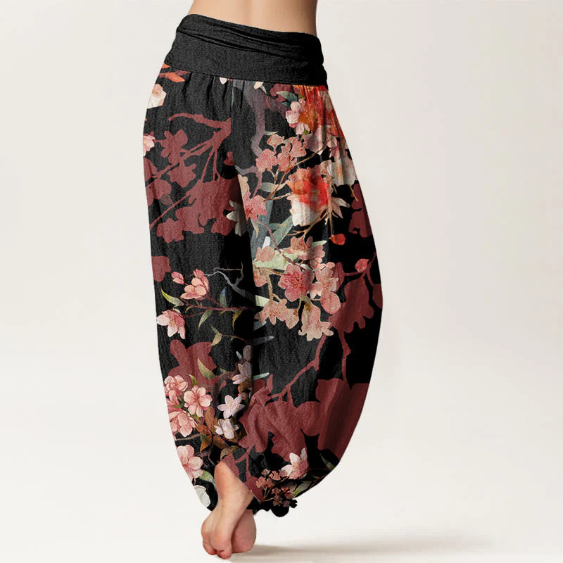 Buddha Stones Cotton Red Pink Blooming Flowers Lush Branches Women's Elastic Waist Harem Pants