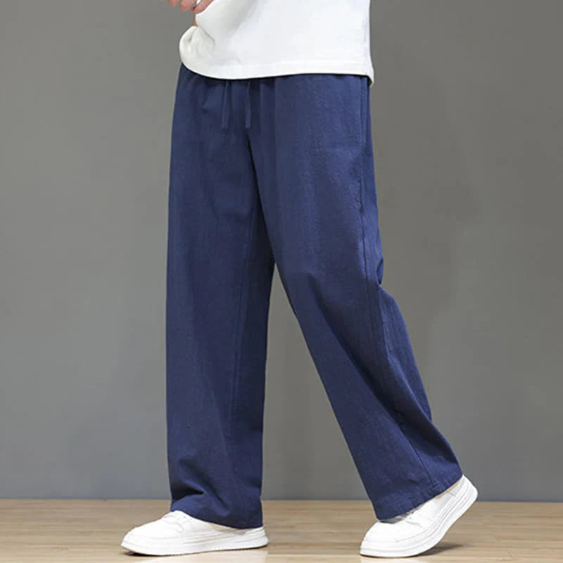 Buddha Stones Summer Men's Cotton Linen Straight Leg Pants With Pockets