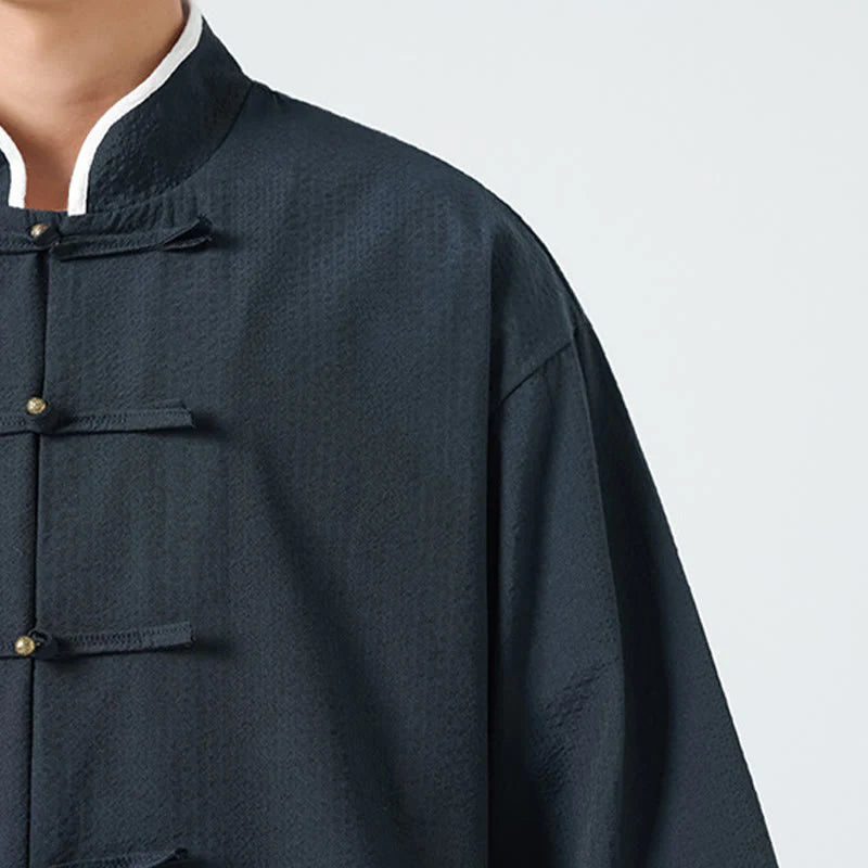 Buddha Stones Spring Solid Color Three Quarter Sleeve Tang Suit Men's Buttons Shirt With Pockets