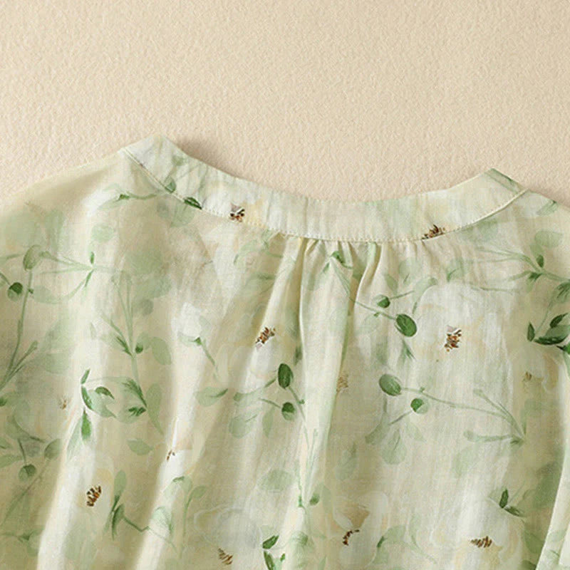 Buddha Stones Crew Neck Casual Frog-Button Floral Print Pattern Blouse Half Sleeve Women's Shirts