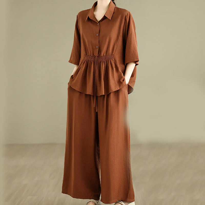 Buddha Stones 2pcs Casual Women's Stand Collar Shirt Loose Pants Meditation Clothing Set