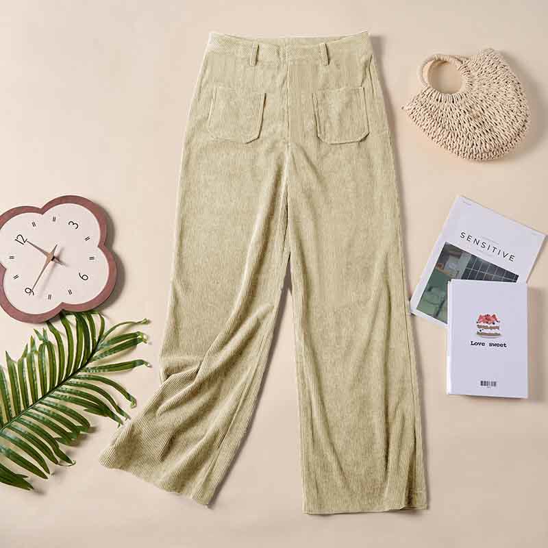 Buddha Stones Plain Corduroy Polyester Women's Buttons Wide Leg Pants With Pockets