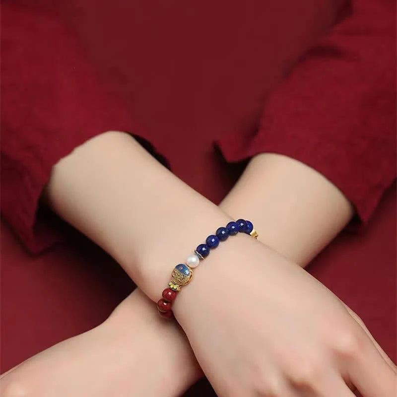 Buddha Stones Cinnabar Lapis Lazuli Koi Fish Ruyi Cloud Charm Blessing Beaded Bracelet