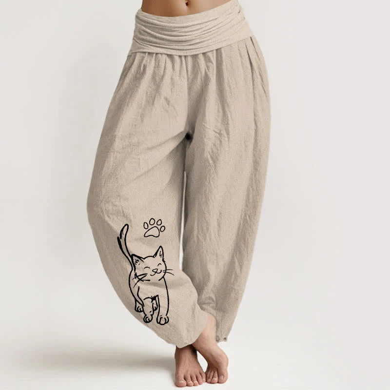 Buddha Stones Pure Cotton Cute Cat Print Women's Harem Elastic Waist Pants