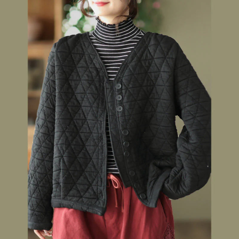 Buddha Stones Winter Cotton Long Sleeve Diamond Pattern Women's Thermal Jacket With Pockets
