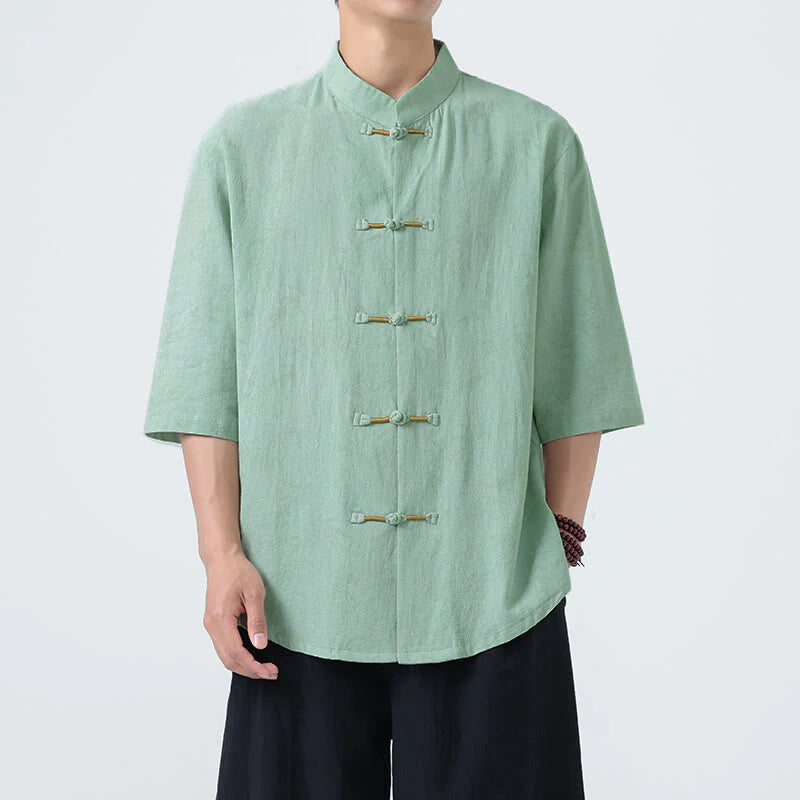 Buddha Stones Summer Bamboo Leaves Pattern Chinese Frog-Button Cotton Linen Short Sleeve Men's Shirt