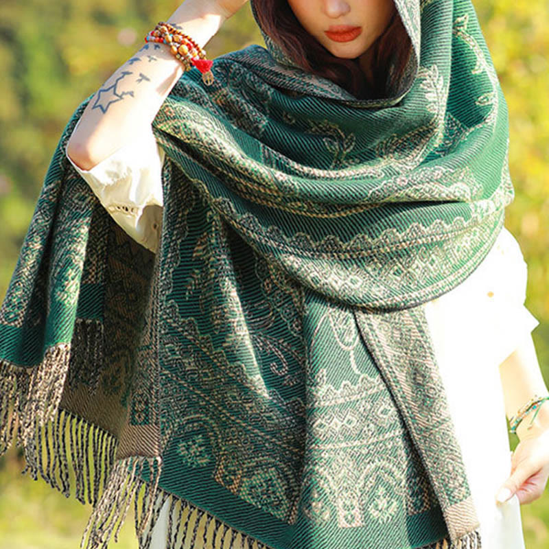 Buddha Stones Jacquard Ethnic Paisley Plants Pattern Tassel Soft Thermal Scarf Shawl