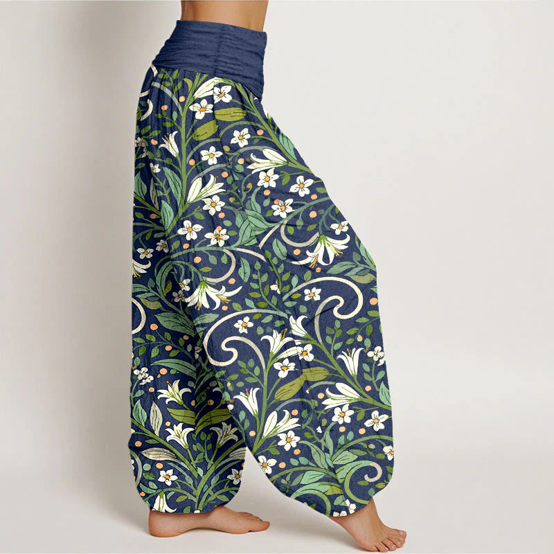 Buddha Stones Pure Cotton Elegant Lily Petal Leaf Pattern Women's Elastic Waist Harem Pants