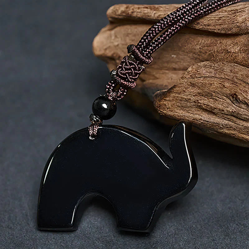 Buddha Stones Elephant Symbol Carved Design Black Obsidian Strength Necklace Pendant