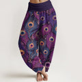 Buddha Stones Peacock Feathers Pattern Pure Cotton Women's Elastic Waist Harem Pants