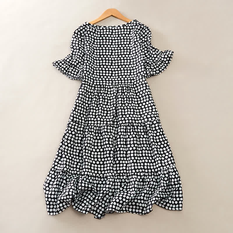 Buddha Stones Summer Elegant Polka Dot A Line Ruffle Hem Short Sleeve Knee Length Dress