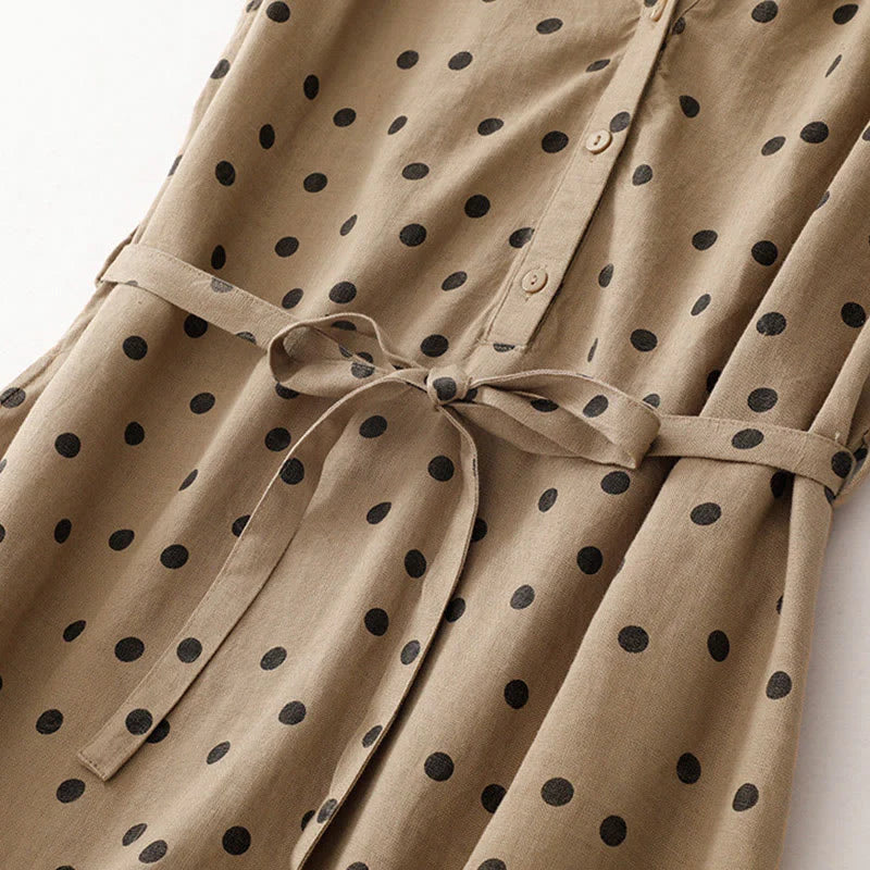 Buddha Stones Summer Polka Dot V-Neck Lace-up Cotton Linen Women's Midi Dress With Pockets