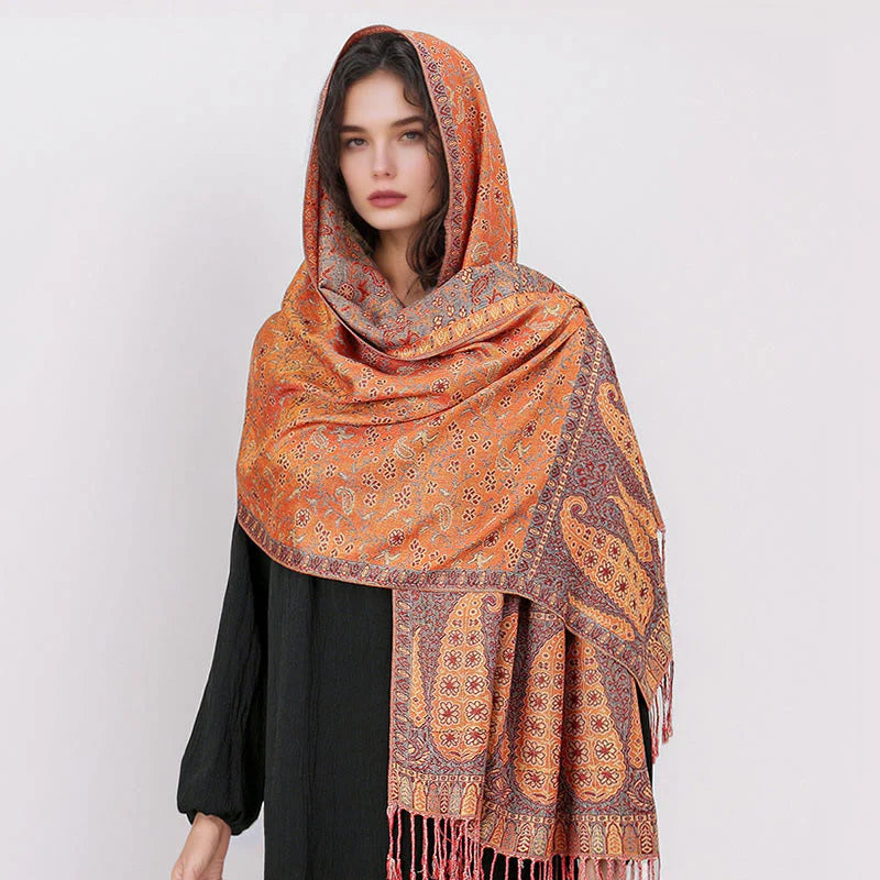 Buddha Stones Tibetan Jacquard Paisley Flower Pattern Color Contrast Design Tassel Cozy Scarf Shawl