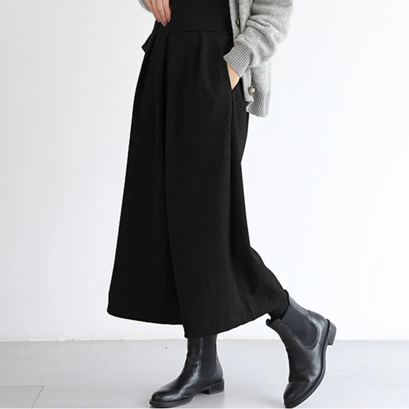 Buddha Stones Plain Elastic Waistband Design Women's 7-8 Length Wide Leg Pants With Pockets