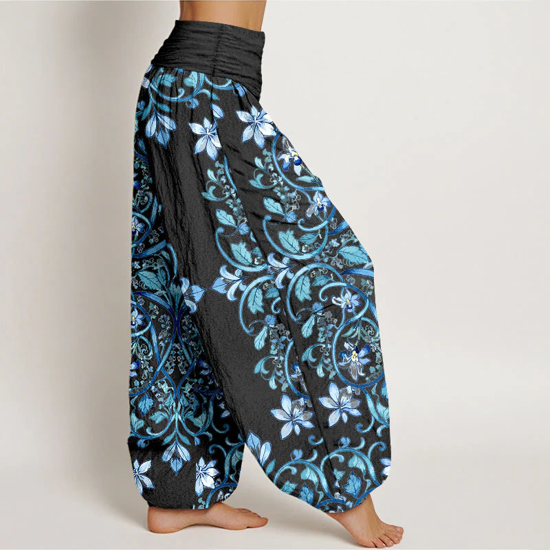 Buddha Stones Cotton Symmetrical Flower Vines Leaves Pattern Women's Elastic Waist Harem Pants