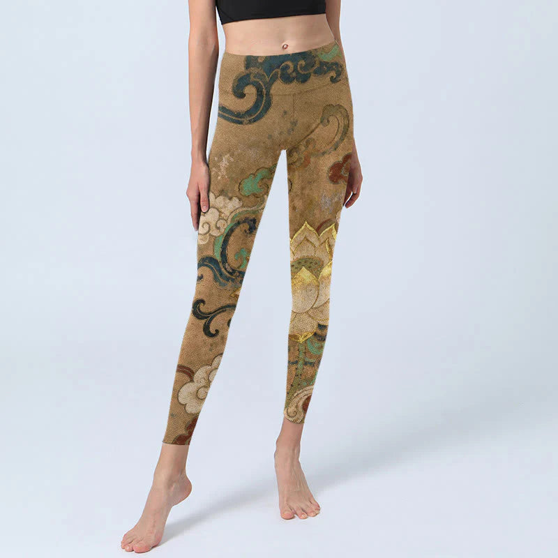 Buddha Stones Traditional Lotus Flower Cloud Pattern Print Gym Leggings Women's Yoga Pants