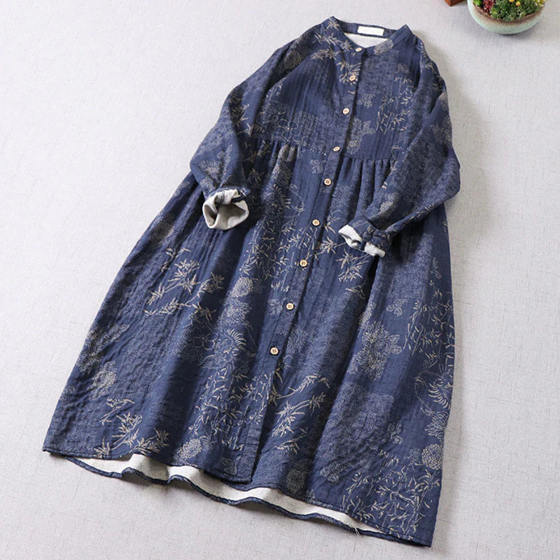 Buddha Stones Commute Bamboo Floral Pattern Long Sleeve Buttons Women's Cotton Midi Dress With Pockets