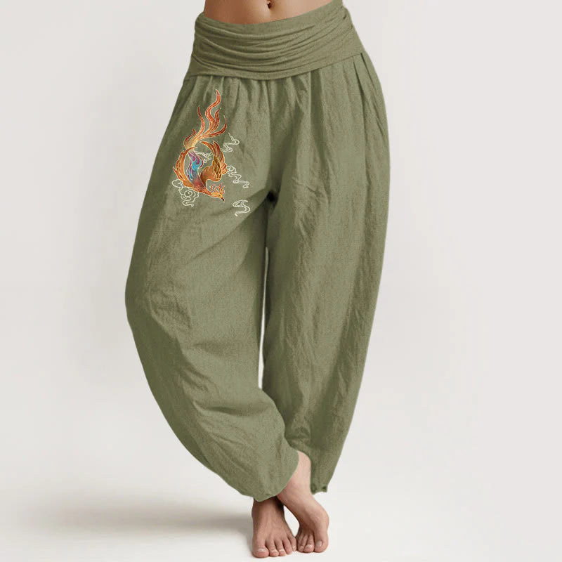 Buddha Stones Women's Pure Cotton Phoenix Auspicious Cloud Pattern Elastic Waist Harem Pants