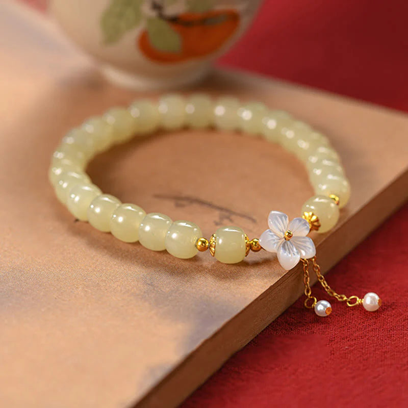 Buddha Stones 925 Sterling Silver Natural Hetian Jade Luck Flower Bracelet