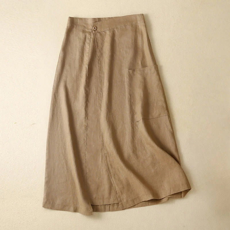 Buddha Stones Vintage Summer Asymmetrical High Waist Women's Cotton Linen Skirt With Pockets
