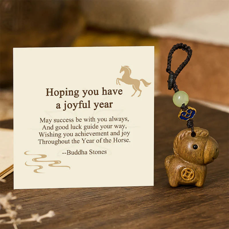 Buddha Stones Hoping You Have a Joyful Year Year of the Horse Rainbow Eucalyptus Small Leaf Red Sandalwood Key Chain Includes Gift Message Card